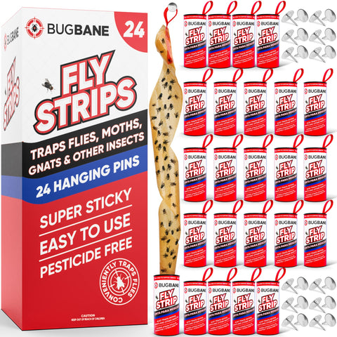 BugBane Fly Strips Indoor 24pk shown with sticky surface for effective pest catch in homes