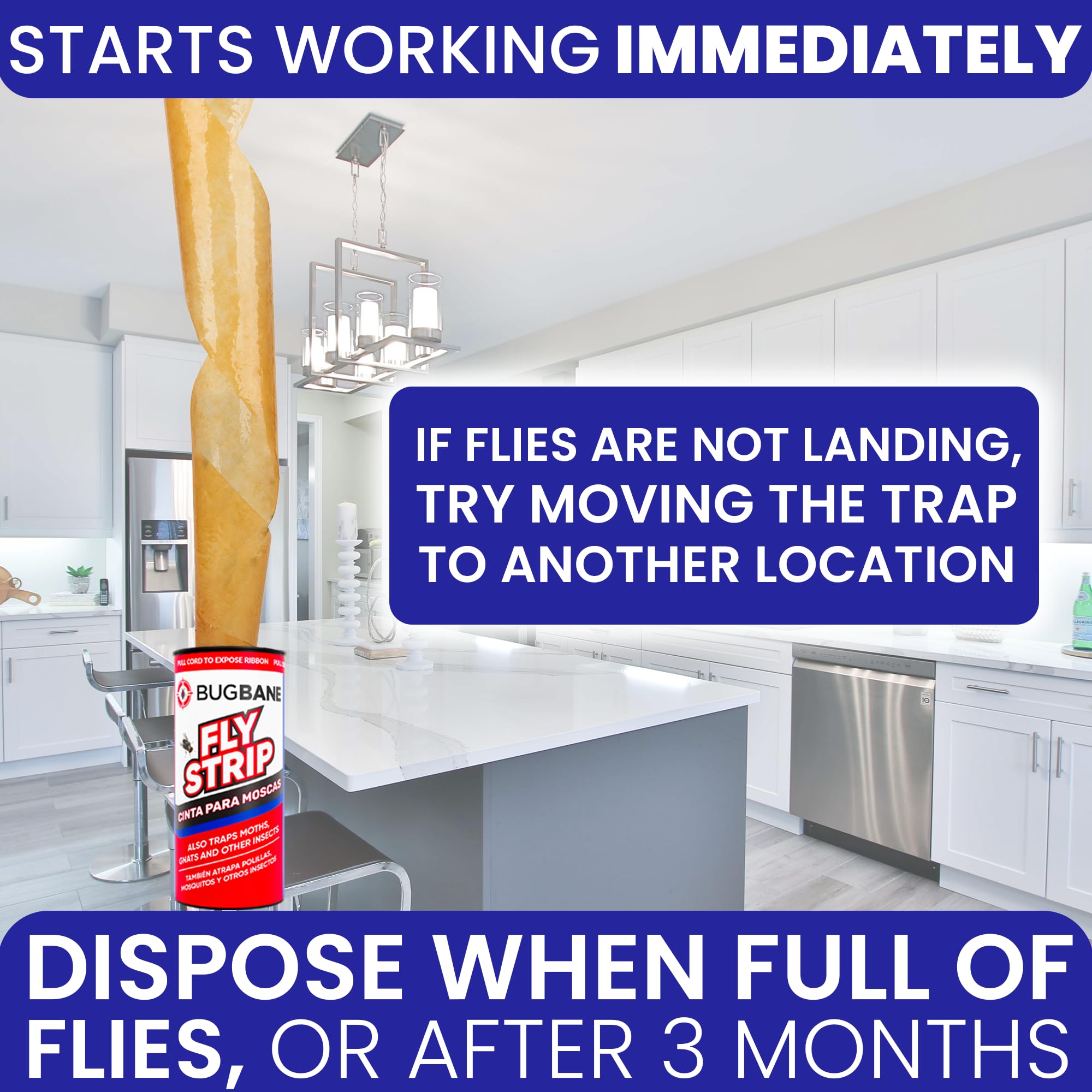 BugBane fly strips long-lasting glue for weeks in dusty spaces.