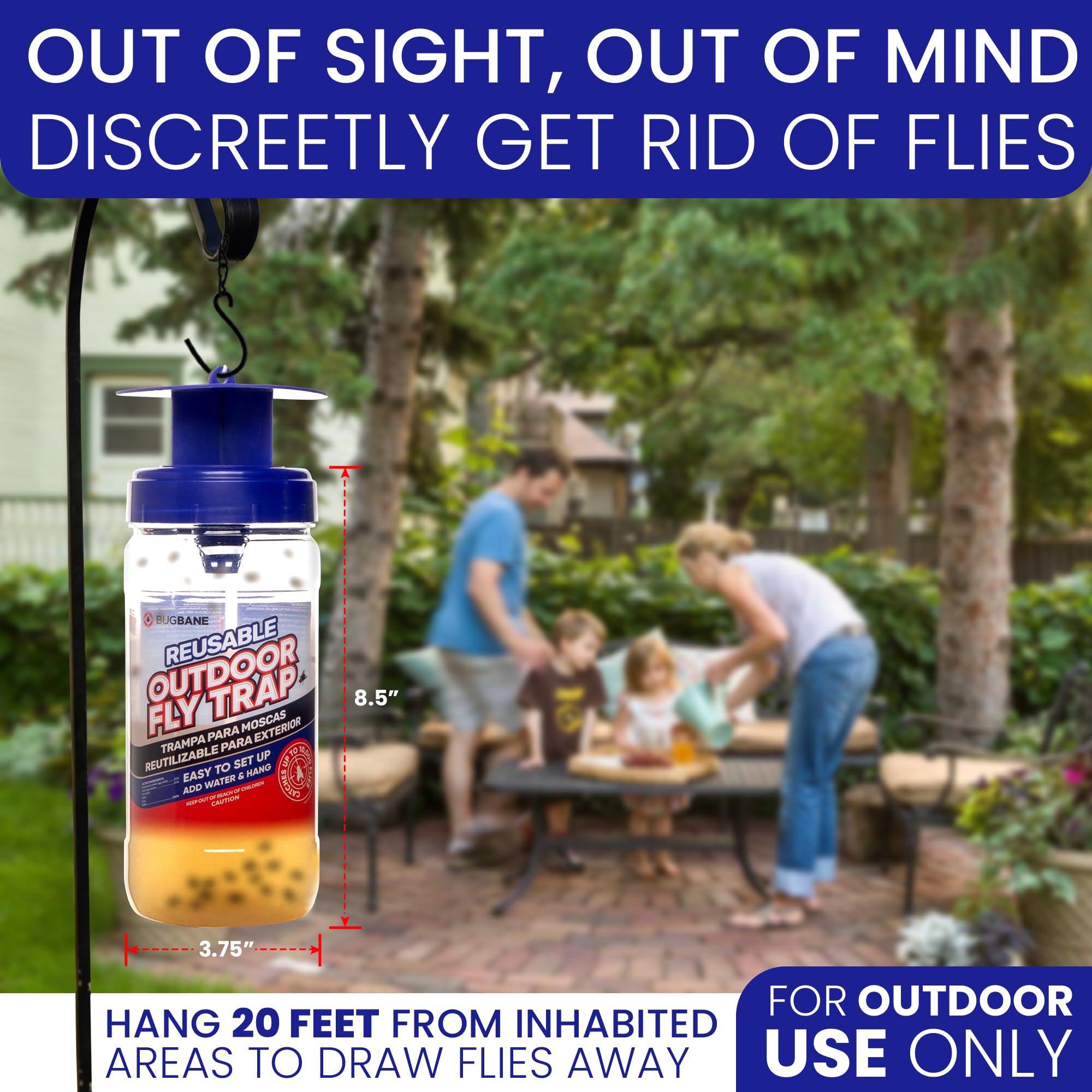BugBane Fly Trap Outdoor includes hanging chains for easy setup.
