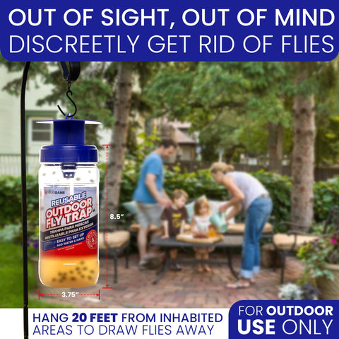 BugBane Fly Trap Outdoor includes hanging chains for easy setup.
