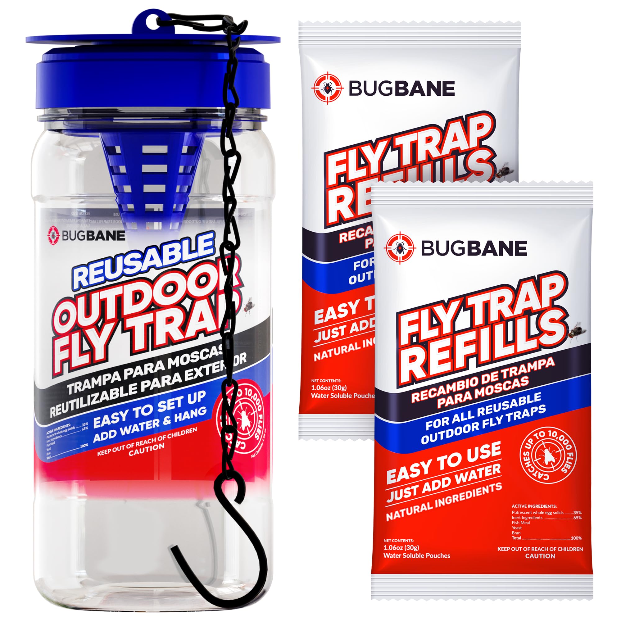 BugBane Fly Trap Outdoor hanging setup draws flies away from the home.