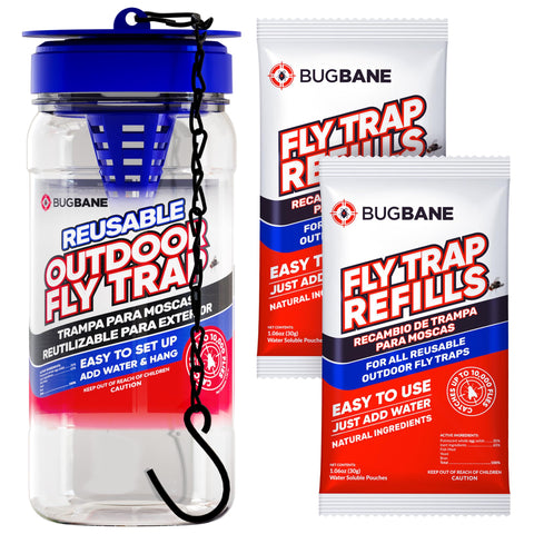 BugBane Fly Trap Outdoor hanging setup draws flies away from the home.