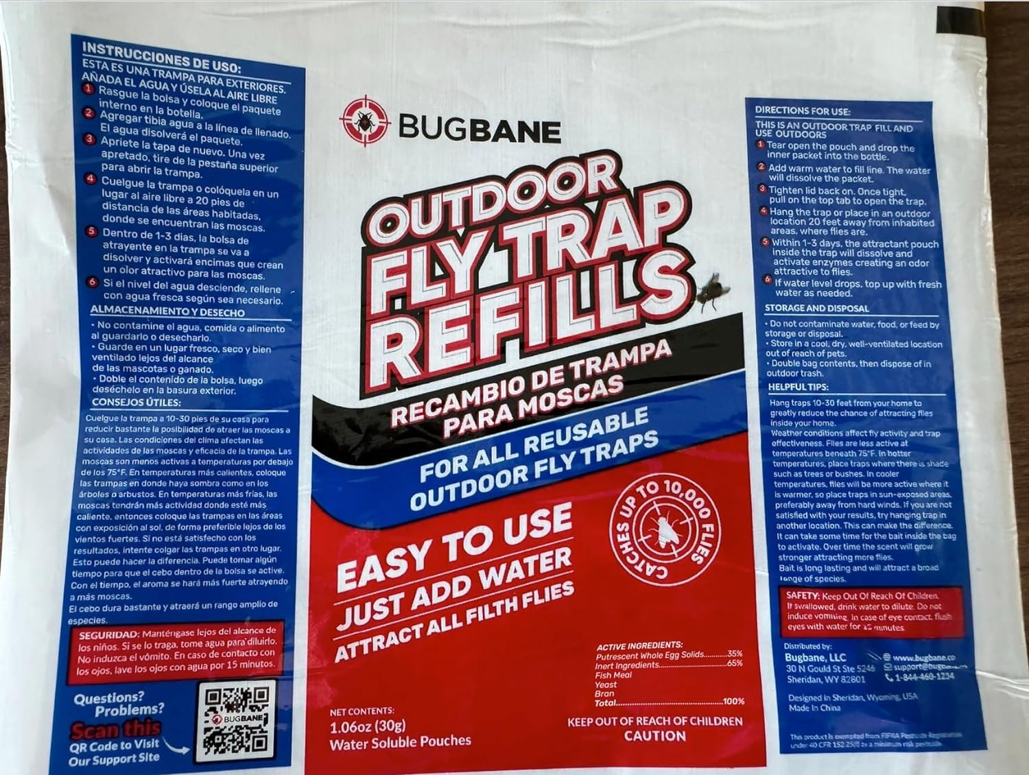 BugBane Fly Trap Outdoor includes two bait packets for ongoing control.