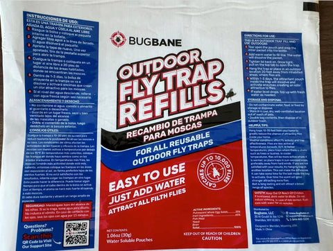 BugBane Fly Trap Outdoor includes two bait packets for ongoing control.