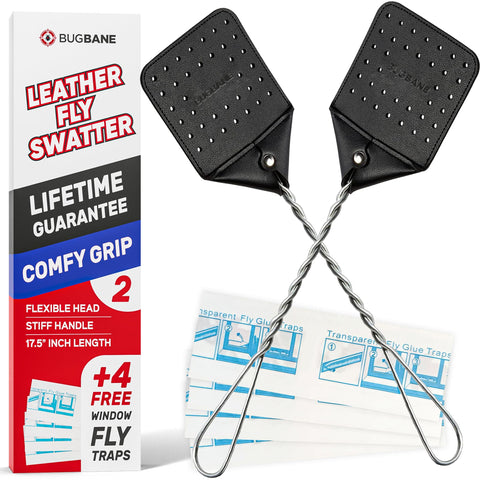 BugBane leather fly swatter two-pack with long handle for hard-to-reach areas