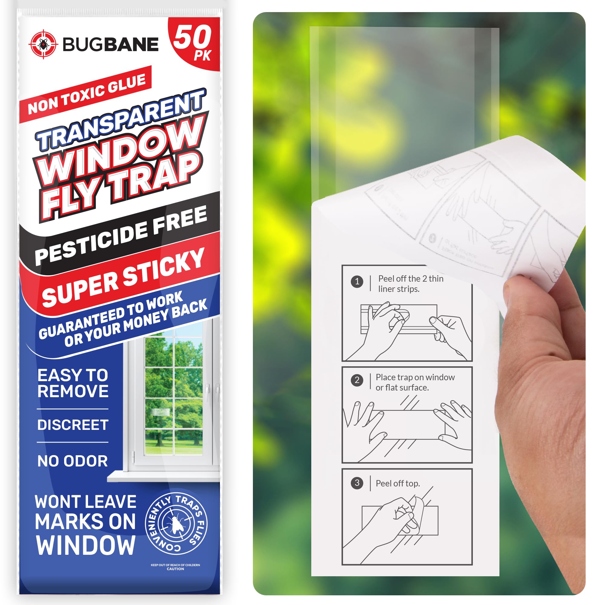 BugBane window fly trap closeup shows ultra-sticky surface for indoor capture.