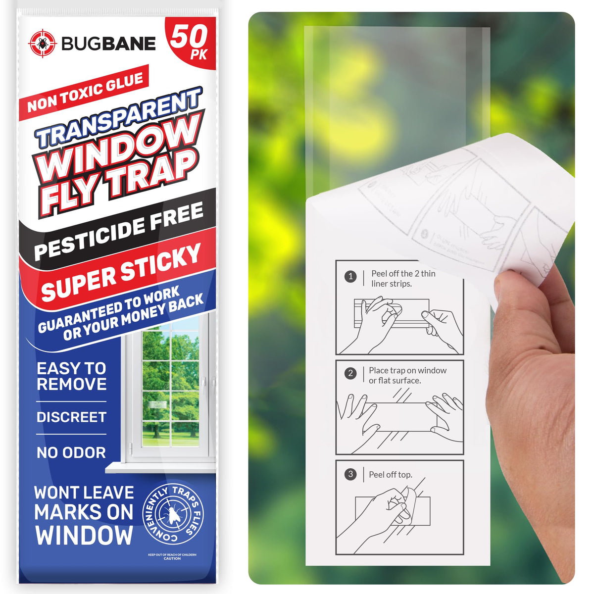 BugBane window fly trap closeup shows ultra-sticky surface for indoor capture.