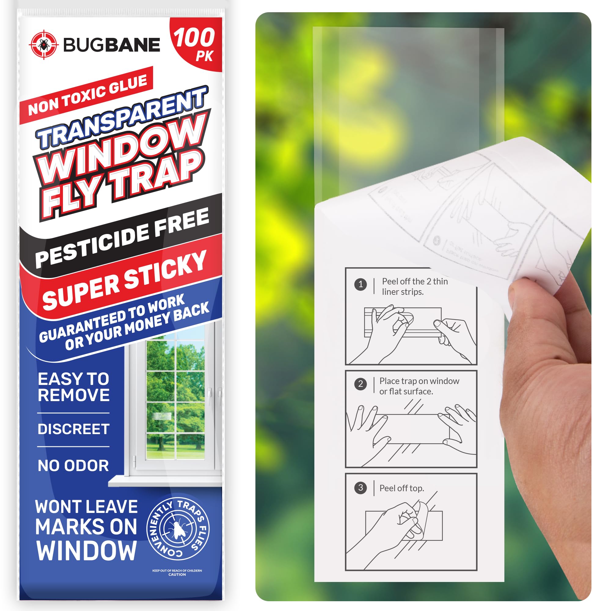 BugBane window fly trap with a clear sticky surface captures flies