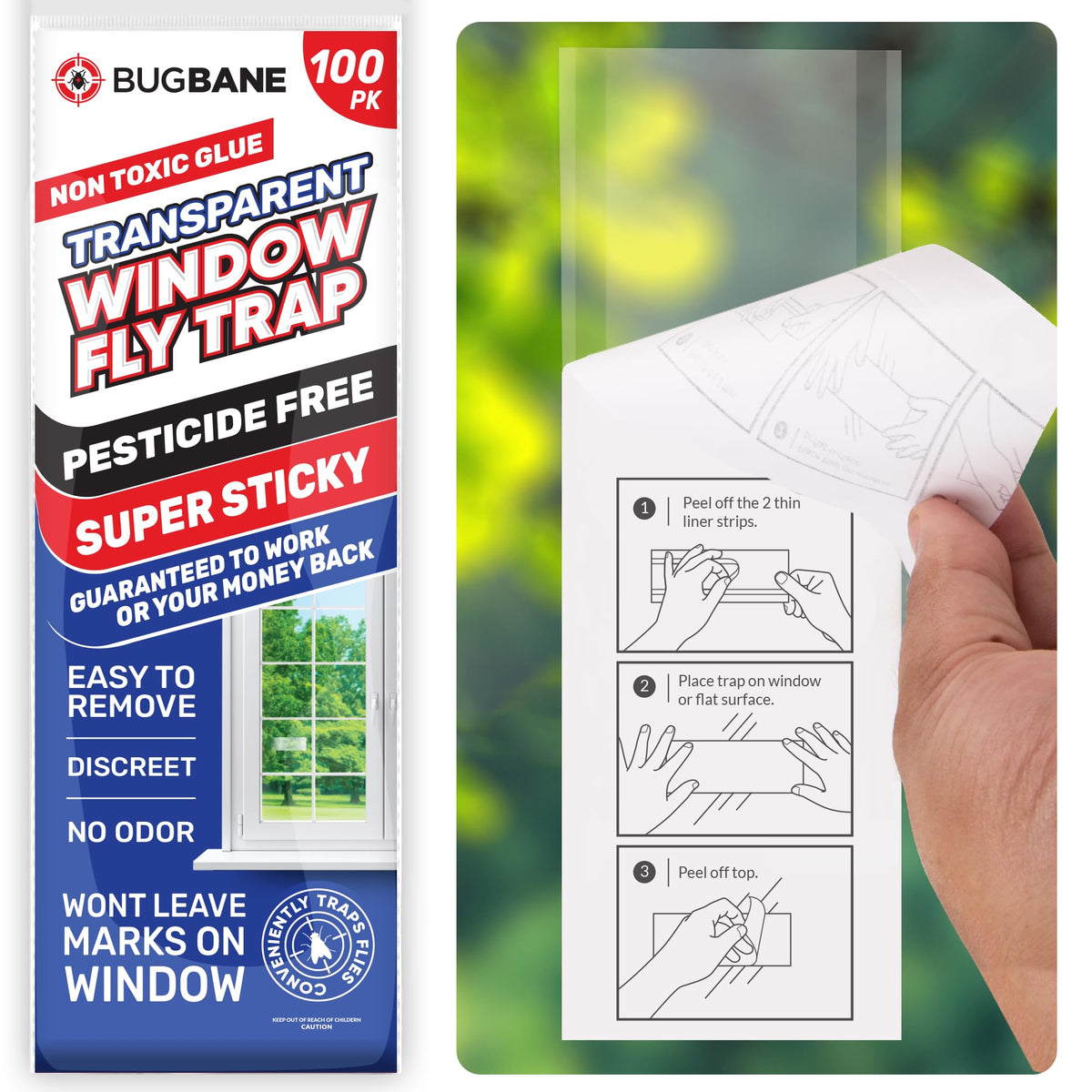 BugBane window fly trap with a clear sticky surface captures flies