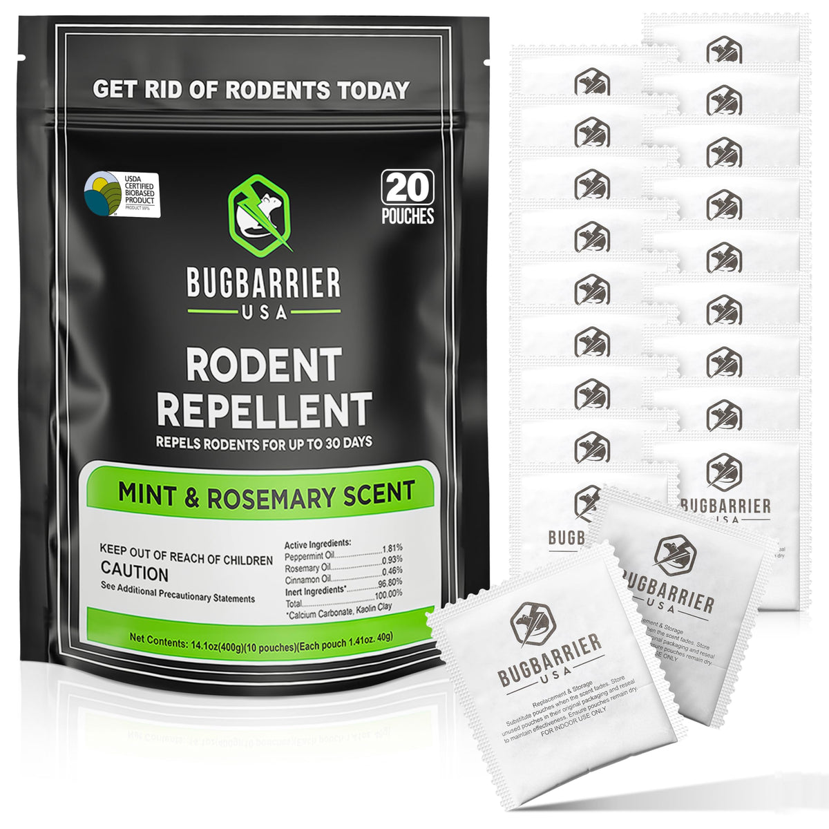 BugBarrier 20-pack resealable pouches for natural rodent deterrence