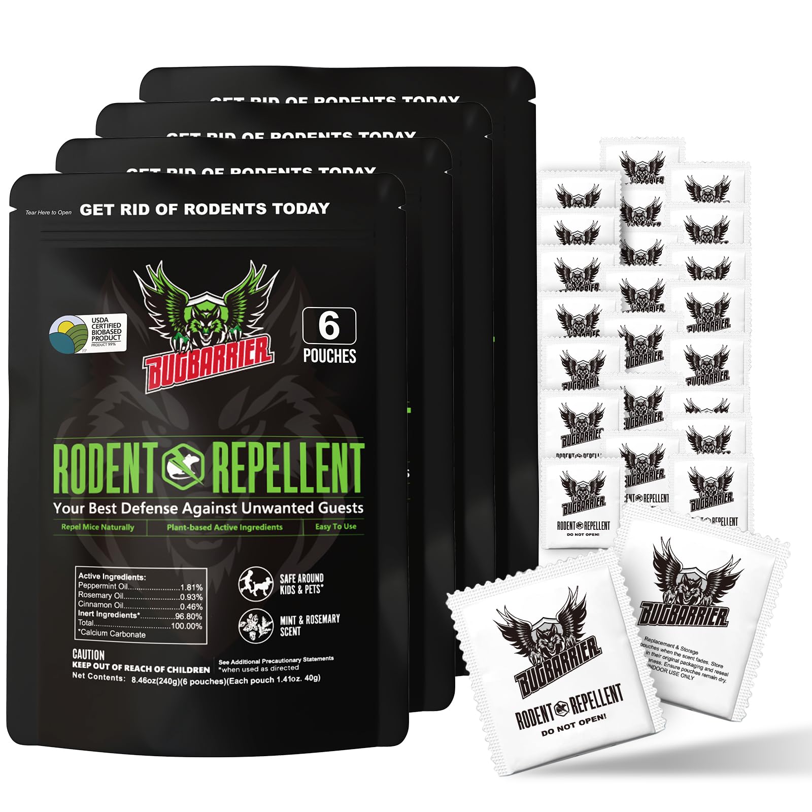 BugBarrier packaging and pouches show a ready-to-use deterrent for cars and spaces.