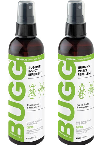 Buggins Original spray bottle with Vanilla Mint Rose scent for convenient outdoor protection.