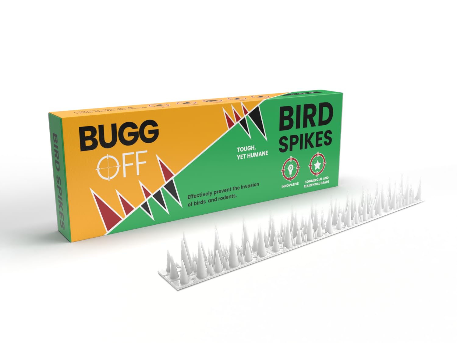 BUGGOFF bird spikes on fence deter pigeons and perching birds.