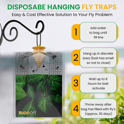 Bugg OFF pre-filled bait traps deter flies around stables and cottages.