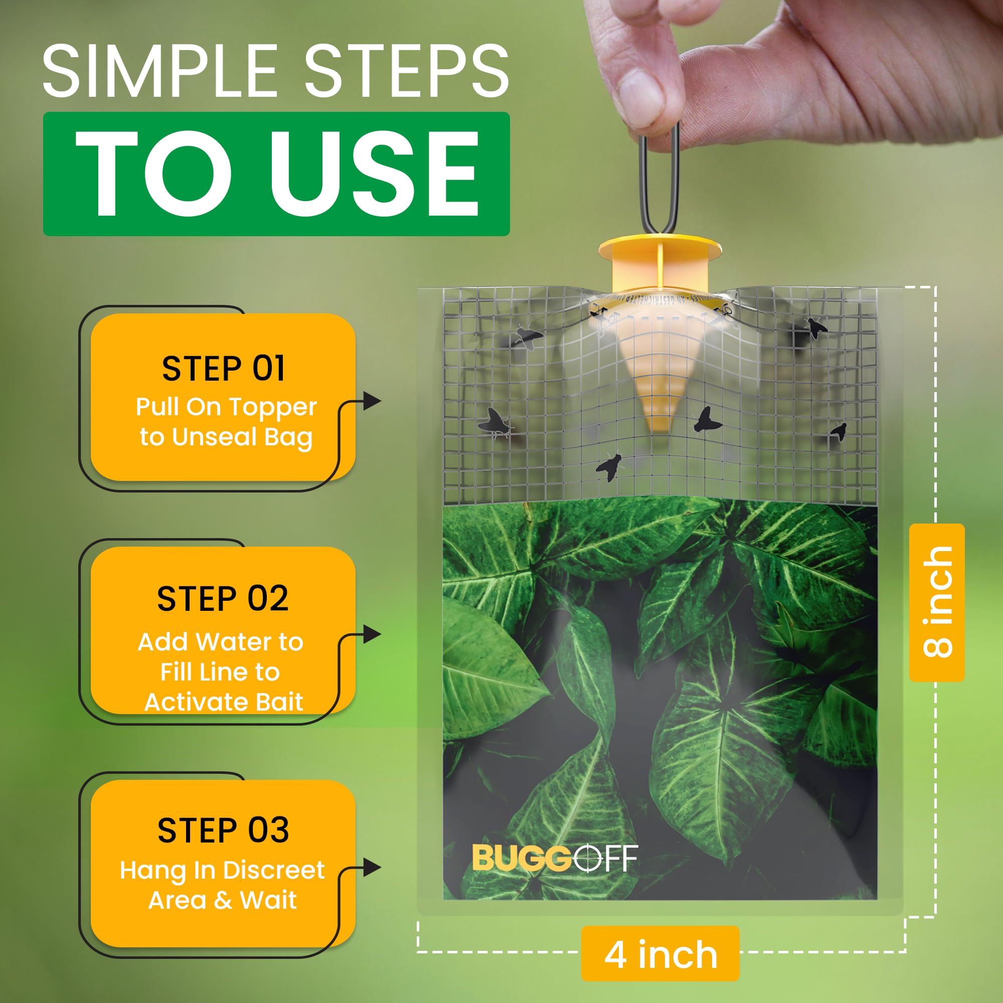 Bugg OFF vented-cap trap entry captures flies efficiently outdoors.