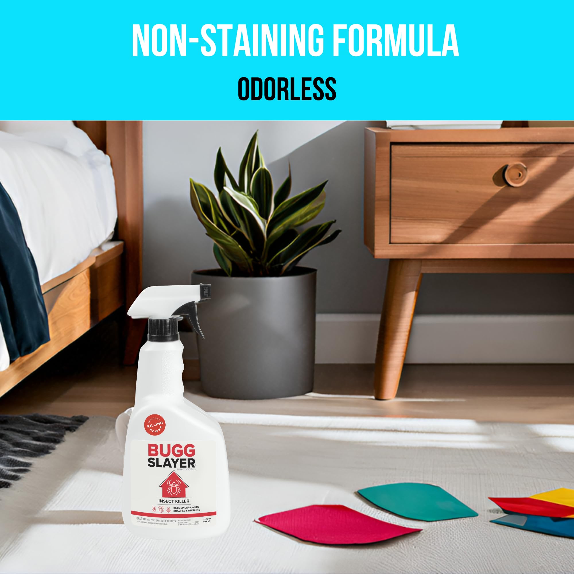 BUGGSLAYER ready-to-use spray targets baseboards and crevices for easy treatment.