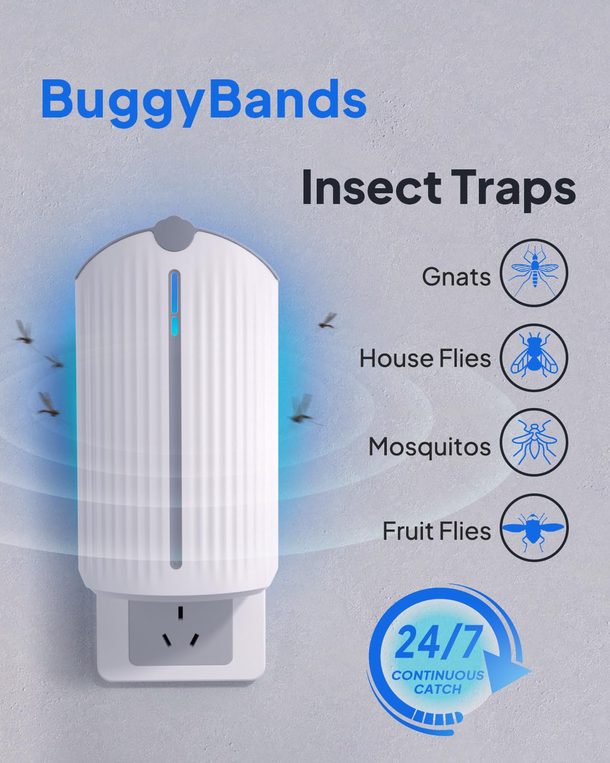 BuggyBands Flying Insect Trap side view showing compact plug-in design for easy placement