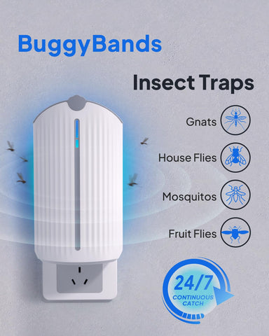 BuggyBands Flying Insect Trap side view showing compact plug-in design for easy placement