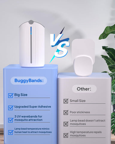 BuggyBands packaging and contents showing two devices and eight refills