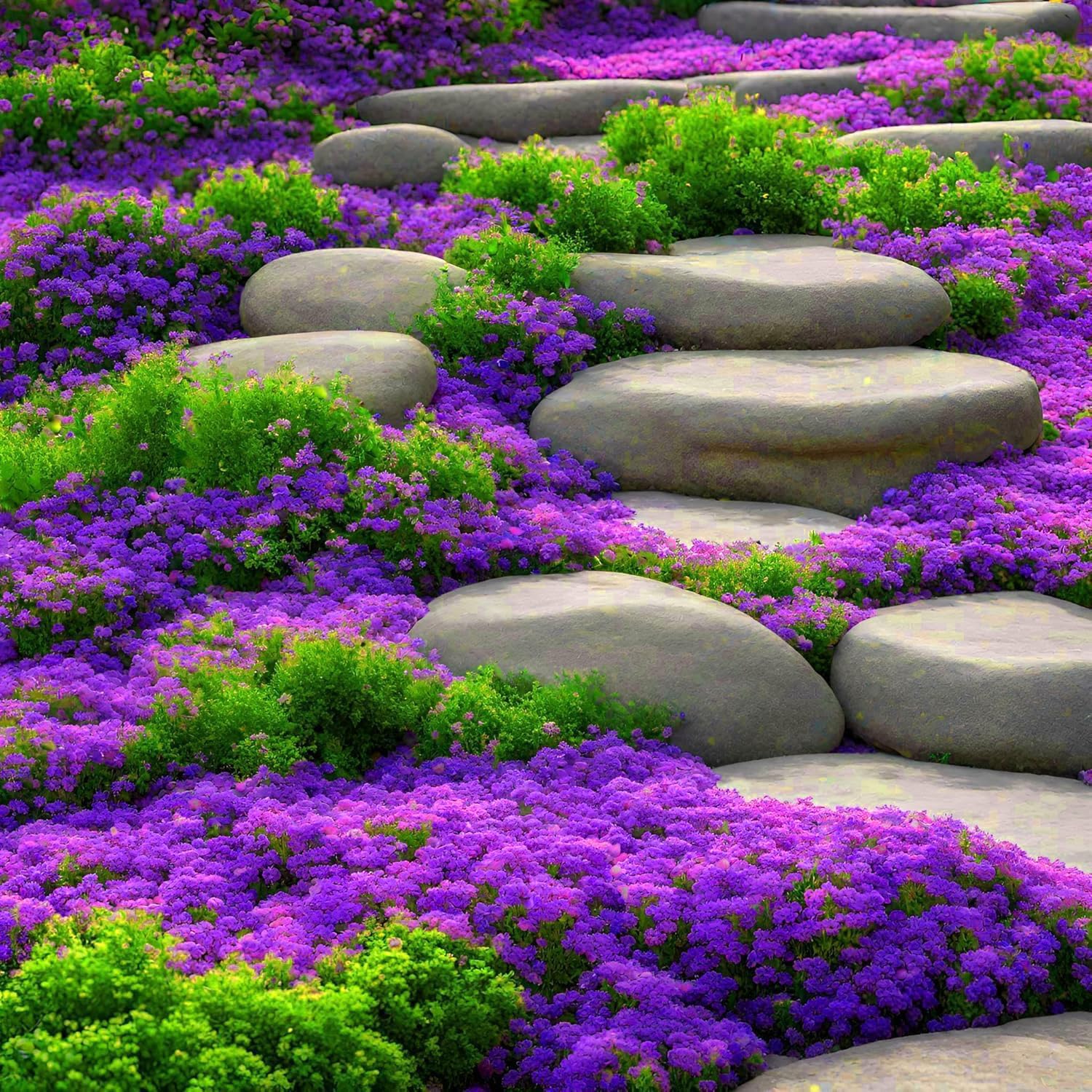 BuggyBeds creeping thyme planted between stepping stones enhances aesthetics and weed control.