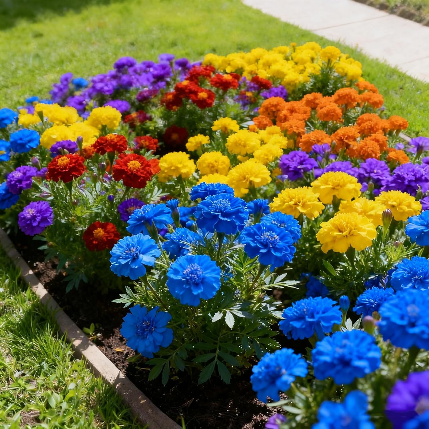 BuggyBeds marigold color blooms showcased in garden border displays with vibrant hues.