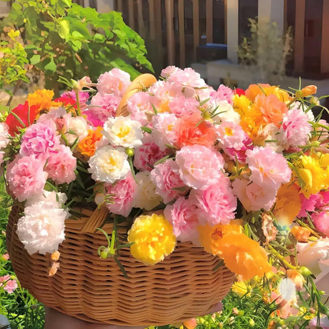 BuggyBeds Portulaca Moss Rose seeds in a garden bed showing dense, drought-tolerant blooms.