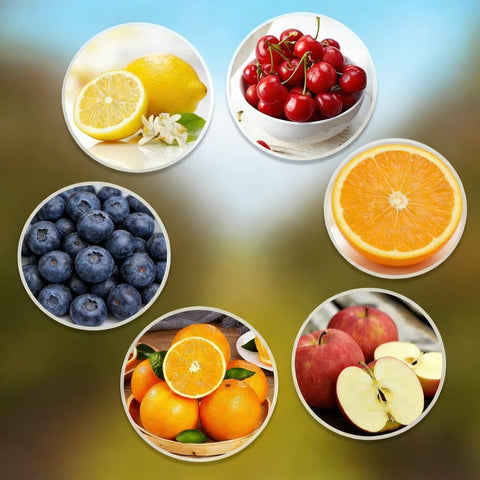 BuggyBeds 5-fruits variety-pack visual: clearly labeled seeds for a diverse home orchard