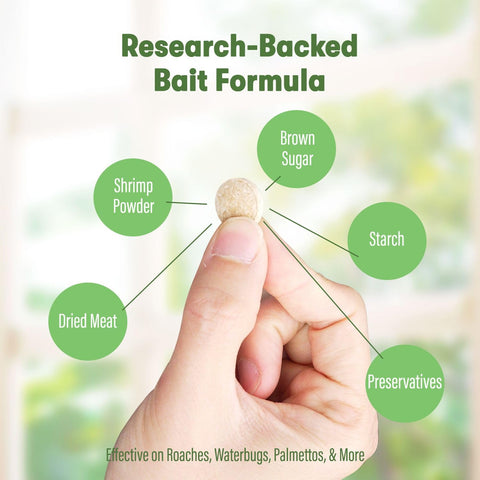 BugMD bait tablet shrimp dried meat, shown as attractant for pests.