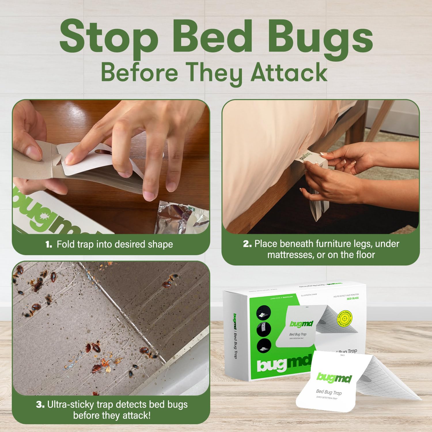 BugMD bed bug trap placed between mattress and bed frame for monitoring.