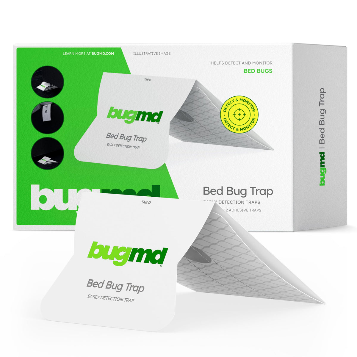 BugMD bed bug trap pack with interceptors under furniture for discreet, continuous monitoring.