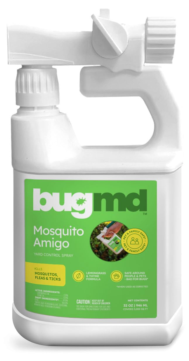 BugMD Mosquito Amigo bottle label showing plant-based pest solution for home use