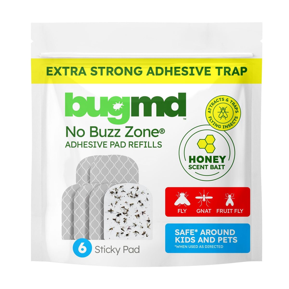 BugMD No Buzz Zone refiller pad pack with six ultra-strong sticky boards