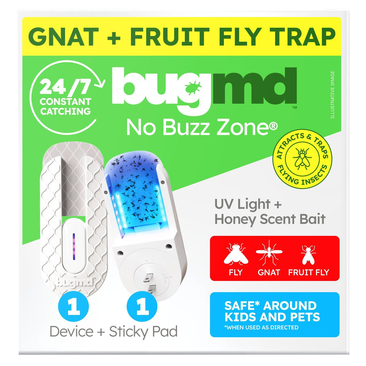 BugMD No Buzz Zone trap in action catching fruit flies indoors