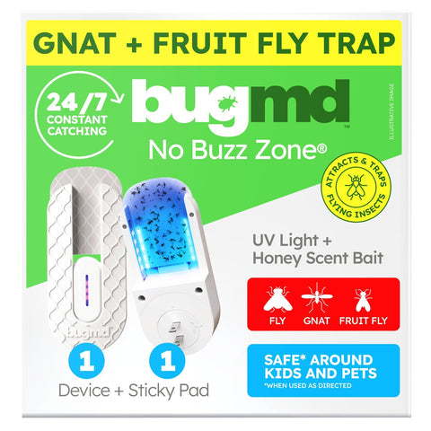 BugMD No Buzz Zone trap in action catching fruit flies indoors