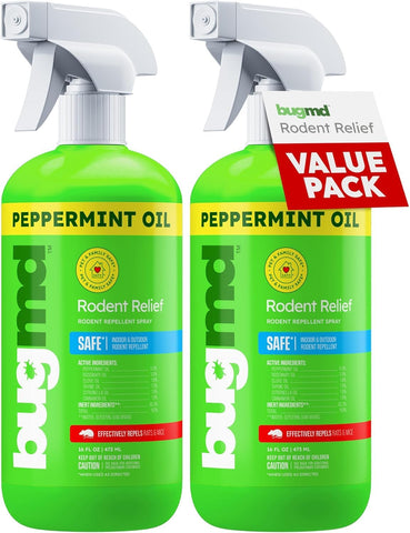 BugMD peppermint oil spray bottle deters mice indoors and outdoors.