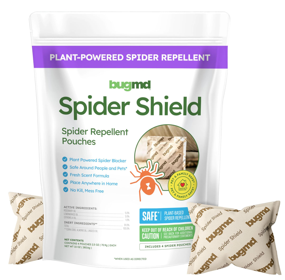 BugMD Spider Shield pouch close-up shows natural essential oils deterring spiders in homes