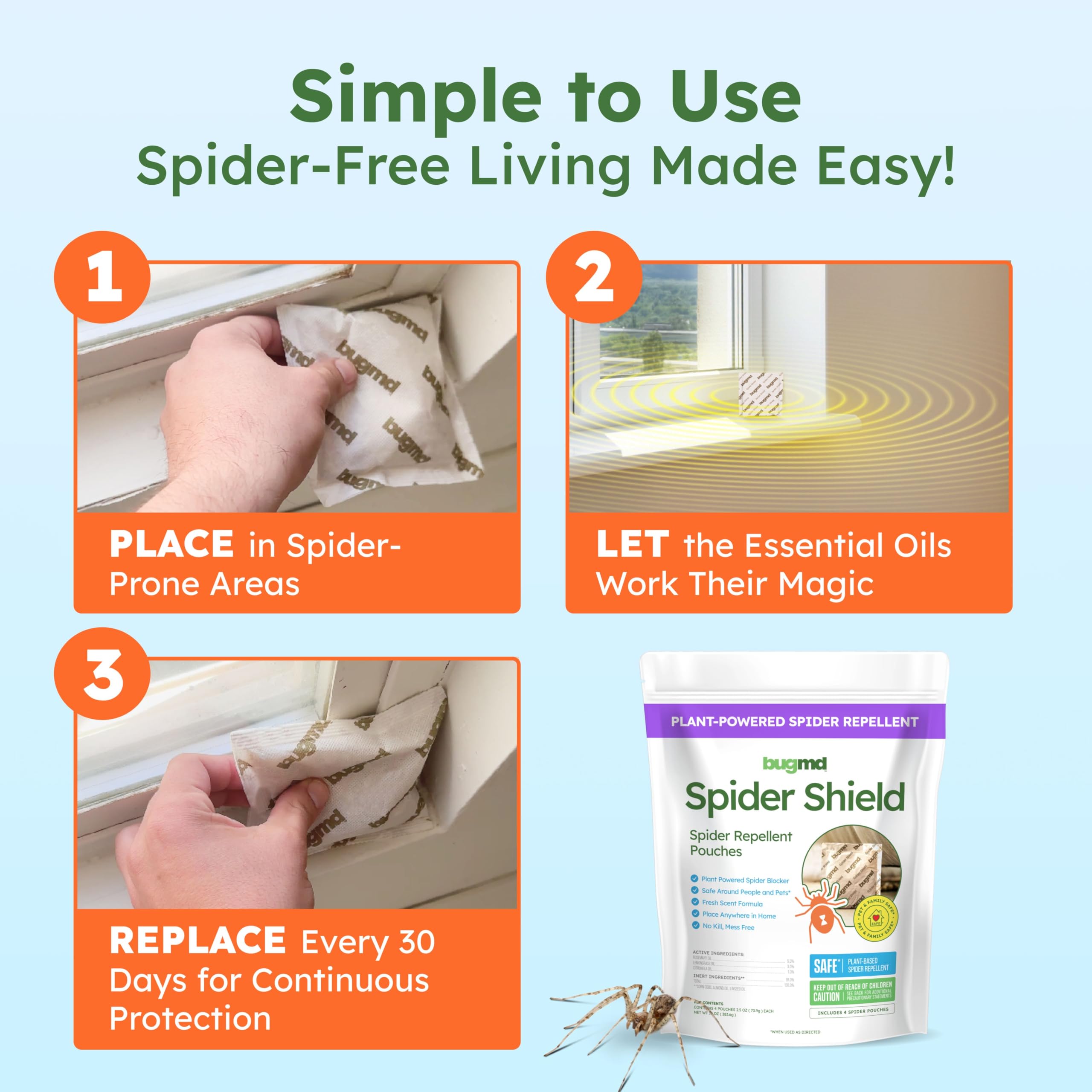 BugMD Spider Shield pouch in closet shows safe, family-friendly pest deterrence
