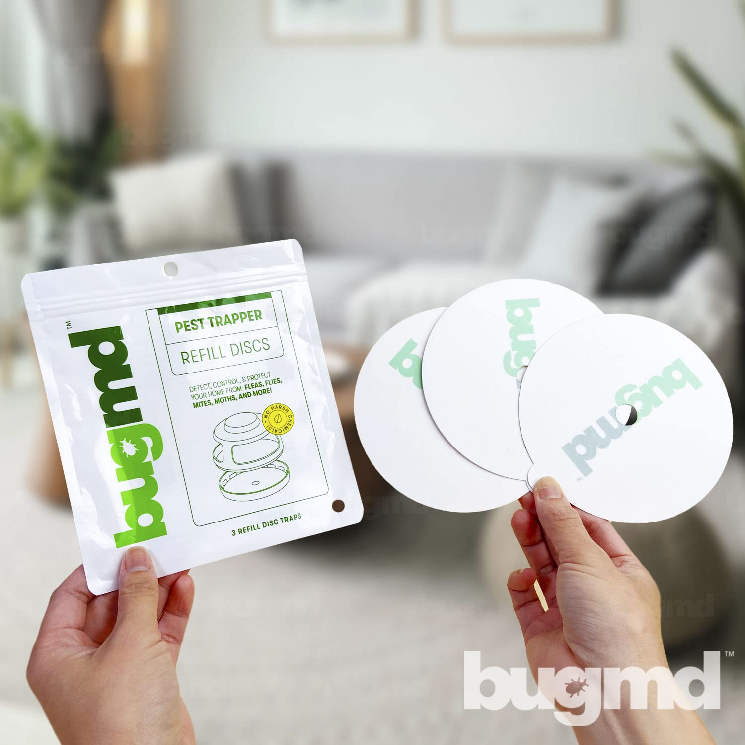 In-home use with BugMD trap; safe, chemical-free pest control option.