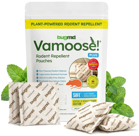 BugMD Vamoose closet pouch deters rodents with peppermint scent in enclosed spaces.