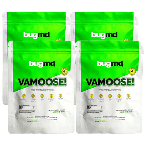 BugMD Vamoose! pouches closeup with plant-powered formula to deter mice and rats.