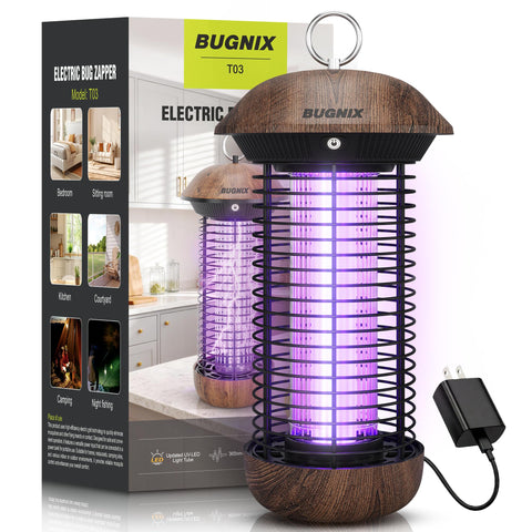 BUGNIX bug zapper indoors-outdoors glows with 4200V grid for quick insect control.