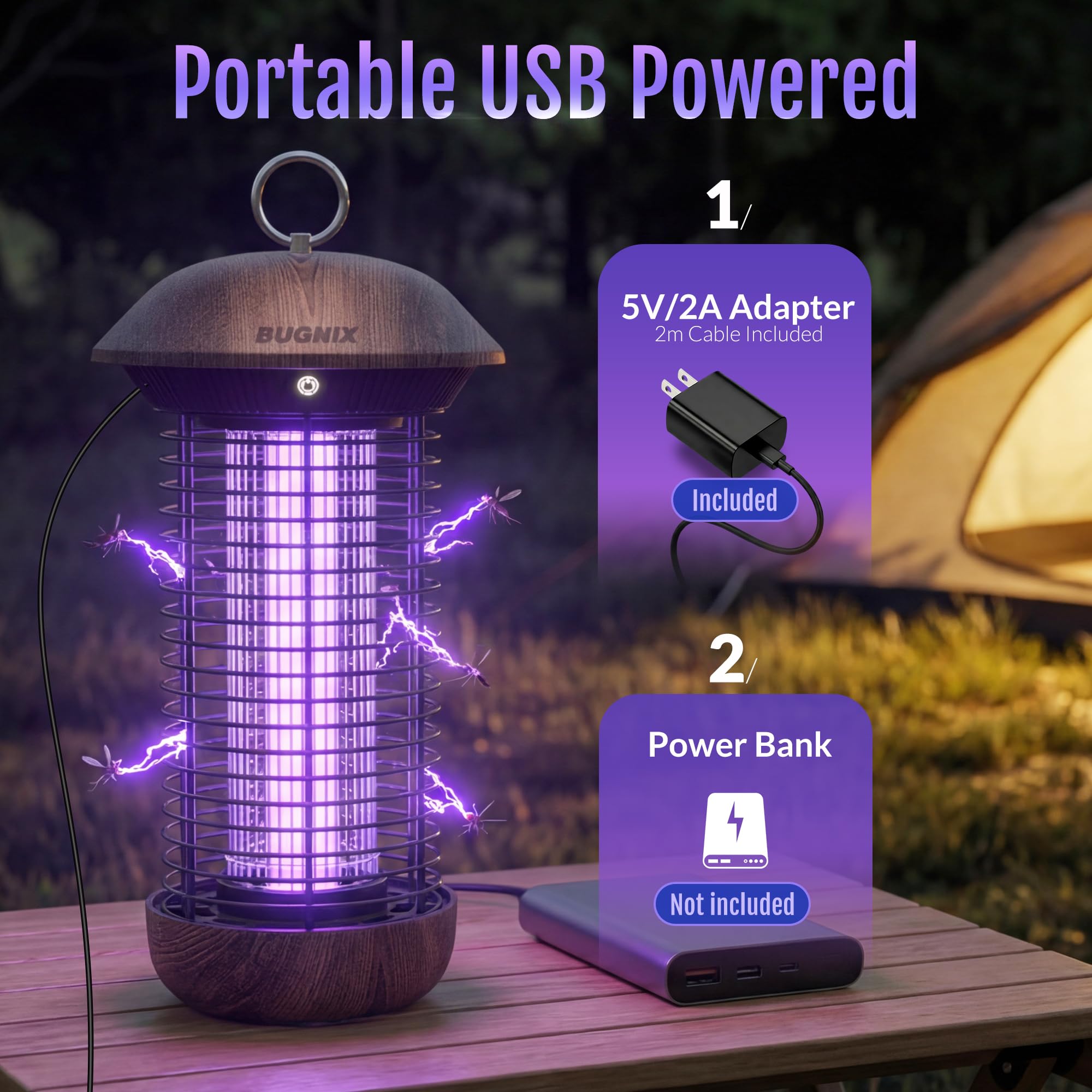 BUGNIX USB-powered-plug-in setup shows adapter option for flexible indoor use.