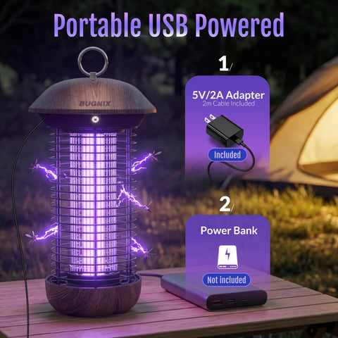 BUGNIX USB-powered-plug-in setup shows adapter option for flexible indoor use.