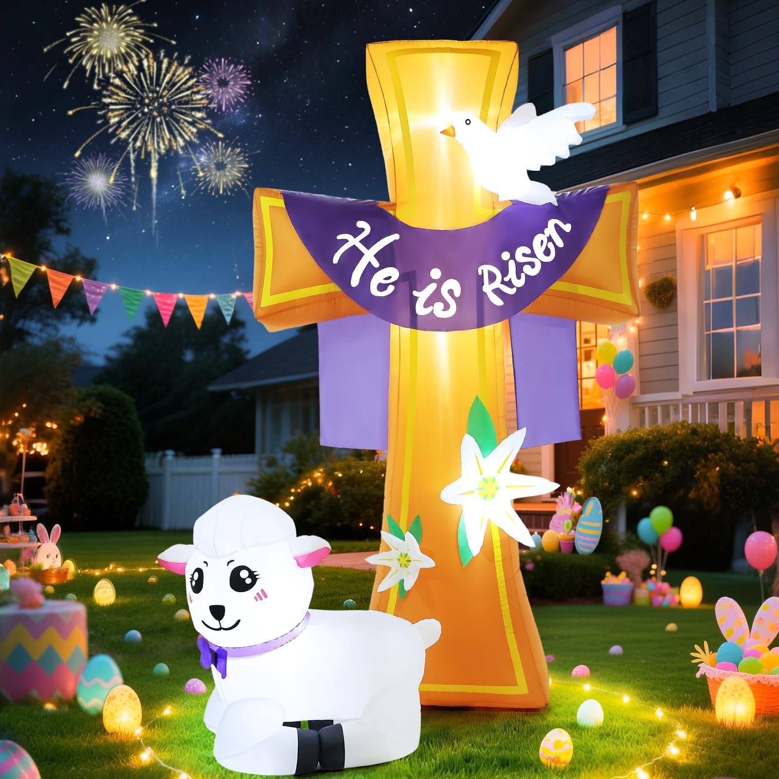 Buheco Easter cross inflatable stands 8ft tall with LED lights for yard display.