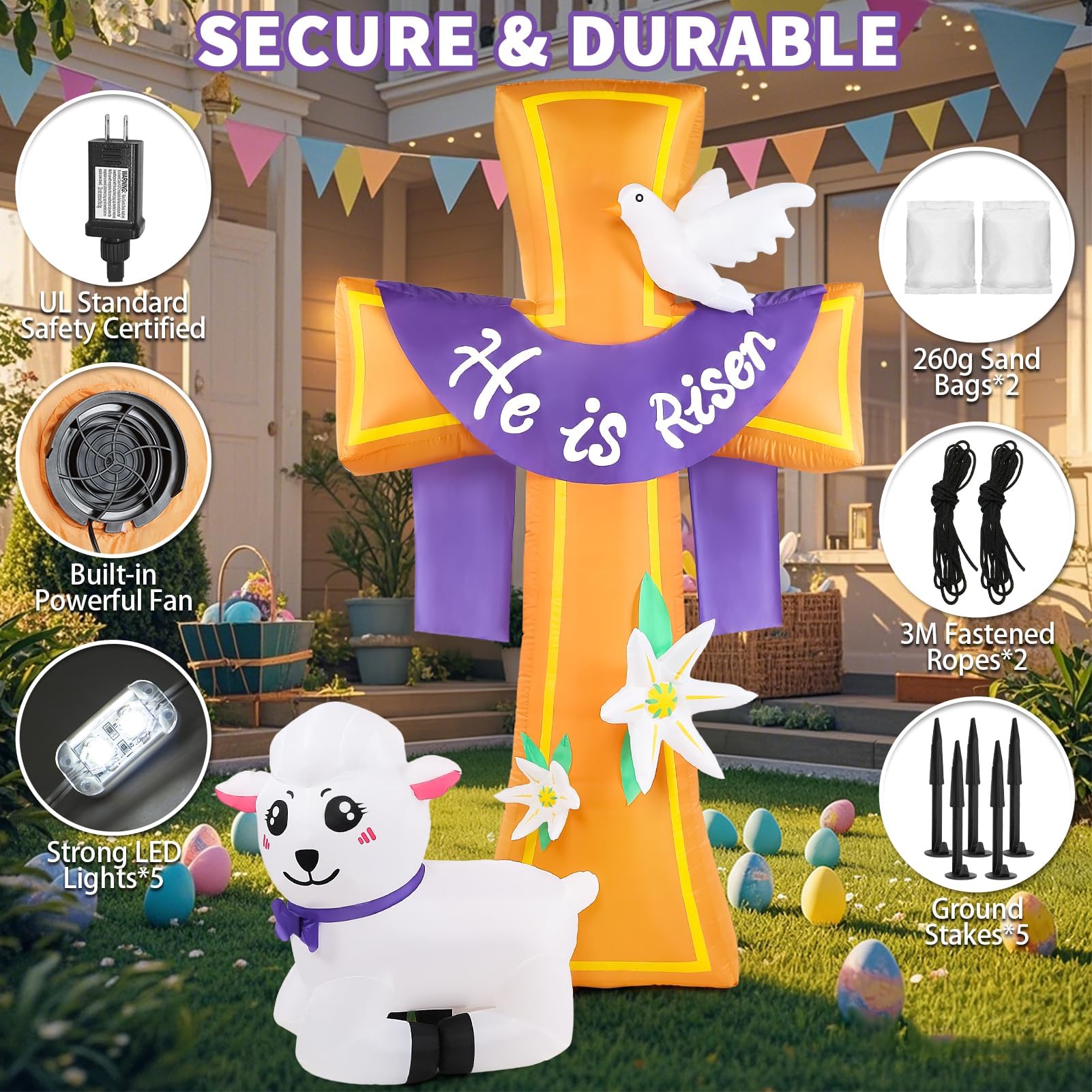 Buheco cross inflatable secured with stakes and cords for stability.