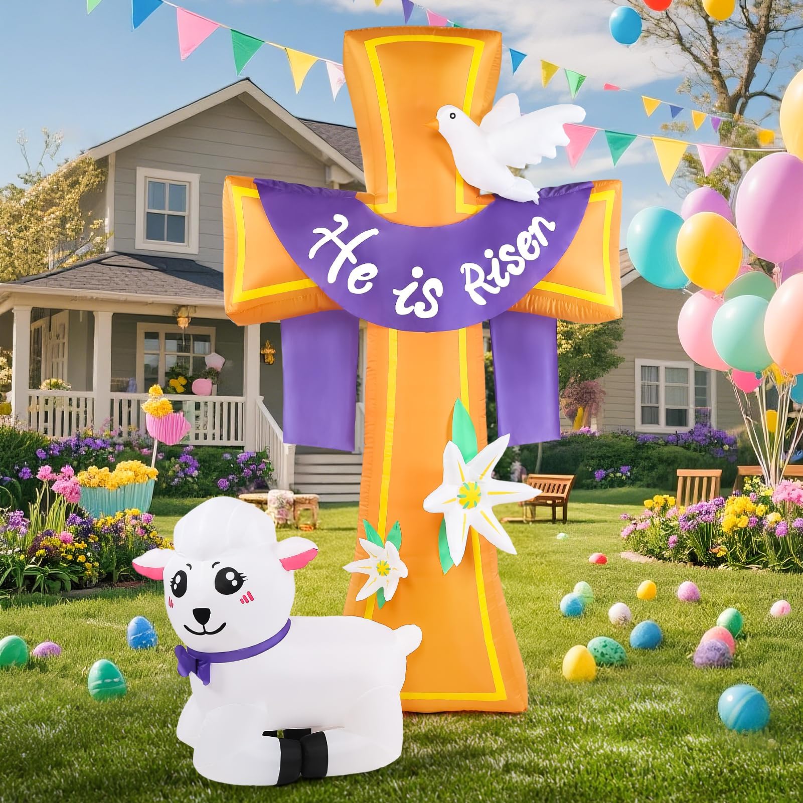 Buheco white lamb accompanies the cross for a gentle Easter motif.