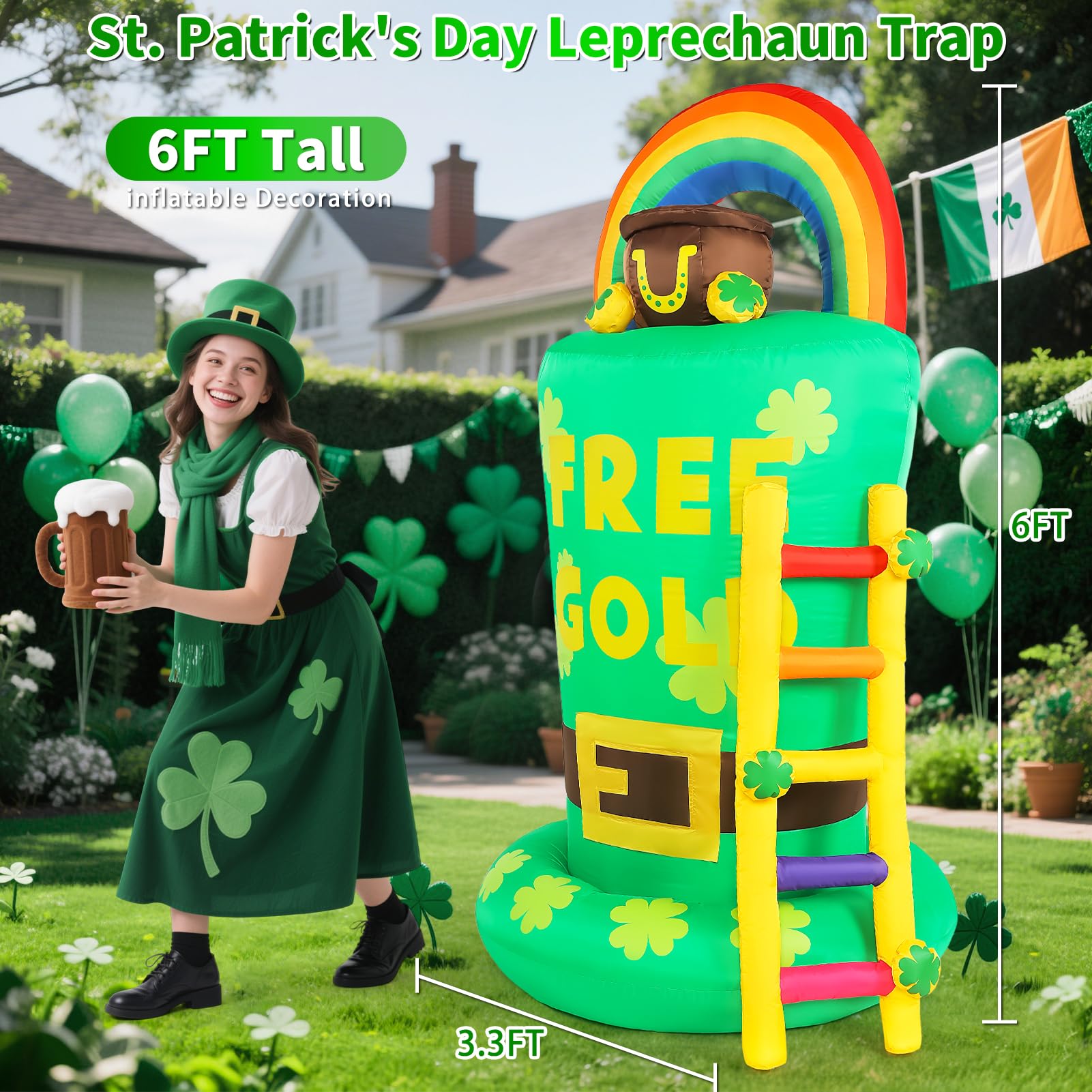 Buheco leprechaun trap gold pot inflatable adds whimsy to lawns and porches.