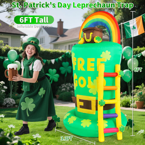 Buheco leprechaun trap gold pot inflatable adds whimsy to lawns and porches.