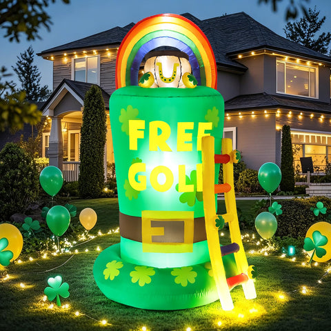 Buheco leprechaun trap rainbow inflatable creates colorful yard focal point after sunset.