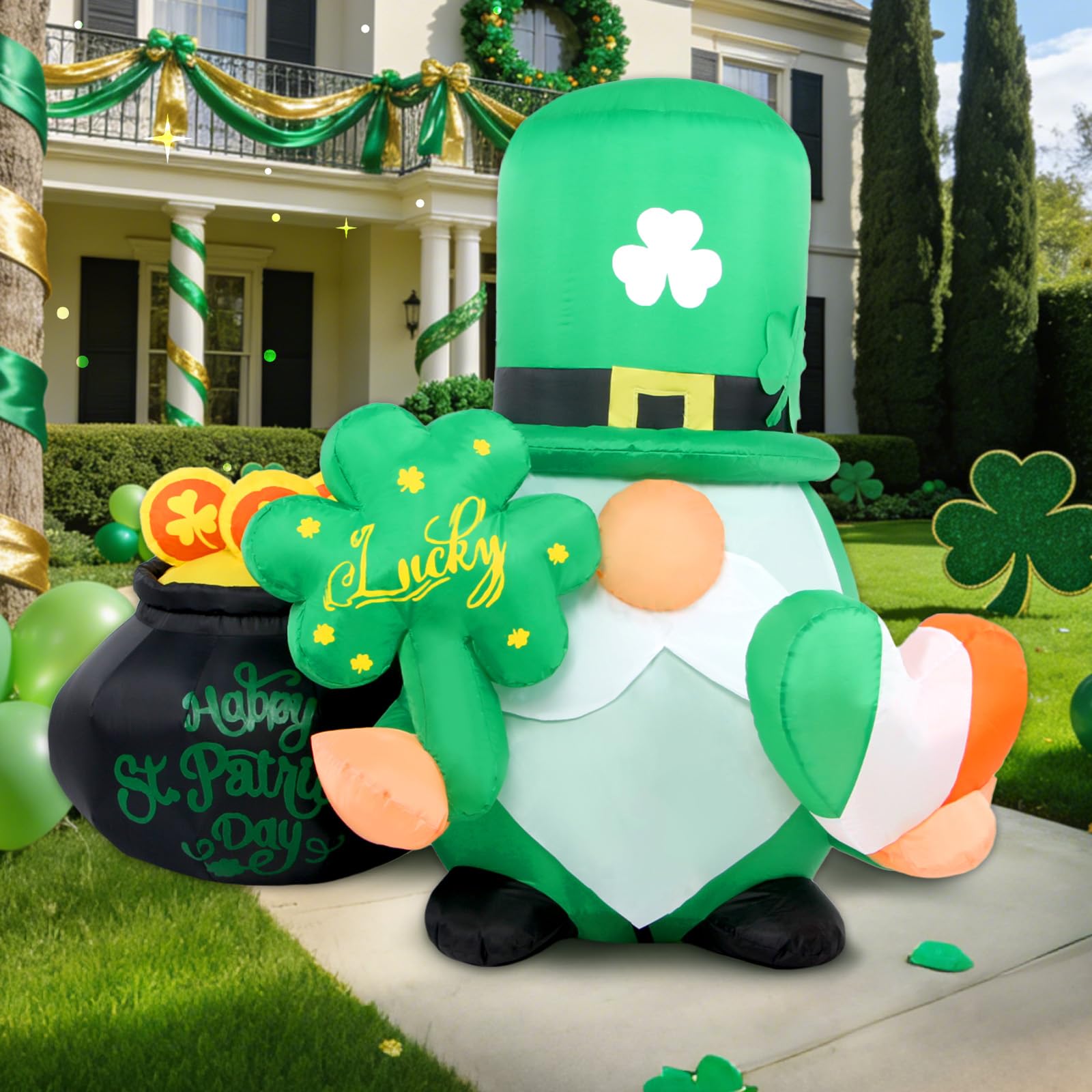 Buheco gnome with pot of gold shines brightly in front yard